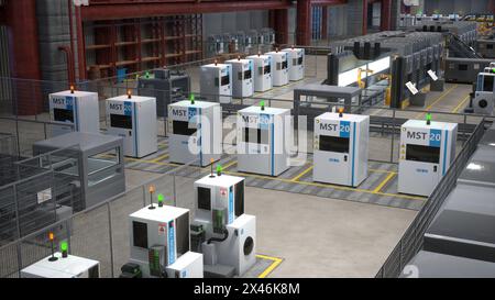 Industrieanlage mit Reihen von High-Tech-Maschinen mit Schalttafeln und Sicherheitsschildern, 3D-Rendering. Hardware-Ausrüstung in automatisierten Lagern, die der Energieeffizienz Priorität einräumt Stockfoto