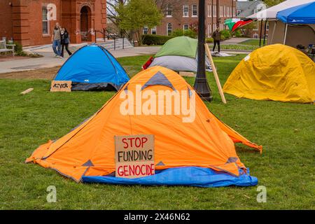 Medford, MA, USA-30. April 2024: Pro-palästinensische Demonstranten an der Tufts University errichteten ein Zeltlager, um gegen den Krieg in Gaza zu protestieren. Stockfoto