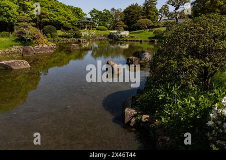 Akebonoyama Park Japanischer Garten - Ein kleiner japanischer Garten, in dem Besucher traditionelle japanische Teezeremonie erleben können. Der Garten zum Spazieren am Teich Stockfoto