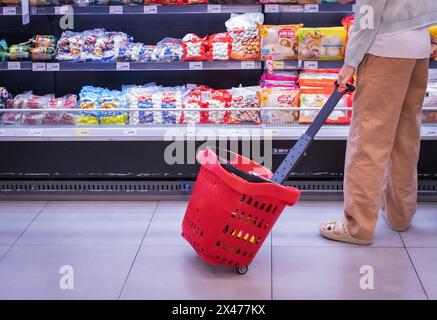 Kunde, Der Mit Dem Einkaufswagen Im Supermarkt Einkaufen Möchte. Asiatische Frauen mit rotem Einkaufswagen. Einkäufe von Frauen. Nha trang Vietnam April 9.202 Stockfoto