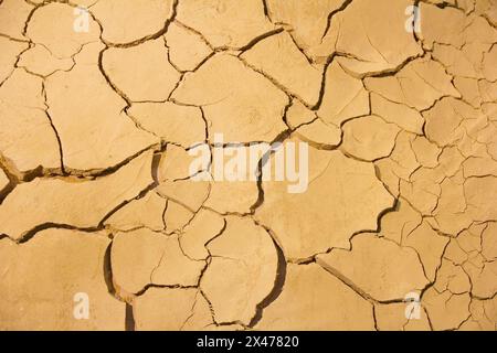 Nahaufnahme von getrocknetem Schlamm mit Rissen und Rissen. Ideal, um die Wüste, Felder mit geringer Fruchtbarkeit, Einsamkeit oder einfach nur als abstrakte Rückseite darzustellen Stockfoto