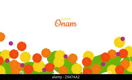 Onam Indian Festival Kerala State. Blumenmuster. Frohes Onam-Urlaub. Poster Banner Design. Vektorabbildung. Stock Vektor