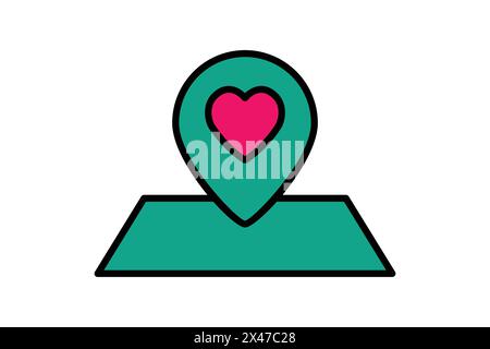 Symbol für den Ort der Hochzeit. Karte mit Herz. Symbol für Hochzeit. Symbolstil für flache Linien. Illustration des Hochzeitselements Stock Vektor