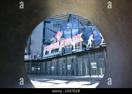 Das T-Mobil Park Schild vor dem Heimstadion der Seattle Mariners, einem Baseballteam der Major League in Seattle Washington USA Stockfoto