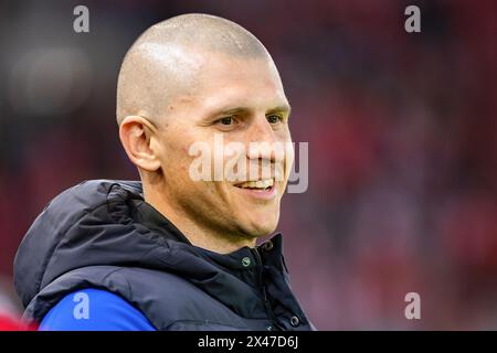 Lodz, Polen. April 2024. Dawid Szwarga Trainer von Rakow, der während des polnischen PKO Ekstraklasa League-Spiels zwischen Widzew Lodz und Rakow Czestochowa im Widzew Lodz Municipal Stadium zu sehen war. Endergebnis: Widzew Lodz vs Rakow Czestochowa 0:1. (Foto: Mikolaj Barbanell/SOPA Images/SIPA USA) Credit: SIPA USA/Alamy Live News Stockfoto