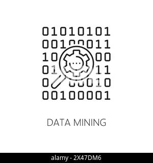 Symbol für maschinelles Lernen, KI-Algorithmus für künstliche Intelligenz für Data Mining. Künstliche Intelligenz, KI-Datenanalyse digitale Innovation Liniensymbol mit Binärcode und Lupe Stock Vektor