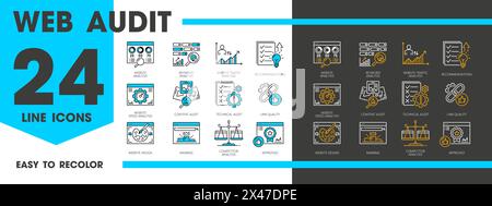 Symbole für Web-Audit-Linien, SEO-Analyse, Web- und digitale Marketing-Technologien Vektorsymbole. Website-Traffic, Keywords, Geschwindigkeits- und Inhaltsanalyse, Linkqualität und technische Audits isolierte Signale Stock Vektor