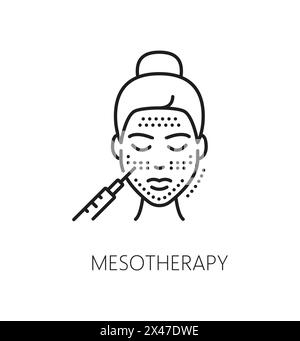 Haut Mesotherapie, Hautpflege Gesundheit und Gesichtspflege Kosmetik Linie Symbol. Gesicht Haut Gesundheit, Dermatologie und Kosmetologie Gesichtsbehandlungslinie Vektor Symbol mit Frau erhalten Mesotherapie Injektionen Stock Vektor