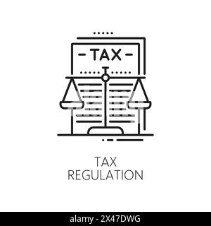 Digitaler Handel und Steuerregulierung für Unternehmen, lineares Fintech-Symbol. Online-Business Tax und Buchhaltung Fintech lineares Vektor-Symbol mit Gesetz oder offiziellen Vorschriften Dokument und Waagen Stock Vektor