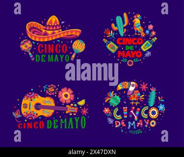 Cinco de Mayo Schriftzeichen Ikonen für mexikanische Feiertage fiesta Gruß, Vektor Banner. Cinco de Mayo-Schriftzug mit mexikanischem Sombrero und Gitarre, Tequila und Kakteen mit Tukanvogel im Blumenschmuck Stock Vektor