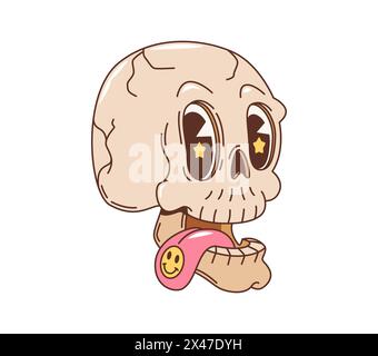 Der groovige Charakter des Cartoon-Retro-Schädels ragt die Zunge heraus. Vintage psychedelische Dead Head Vector Personage mit gelbem Kreis Lächeln Emoticon und hellem Stern. Funky Hippie-Skull-Emoji von Happy Skeleton Stock Vektor