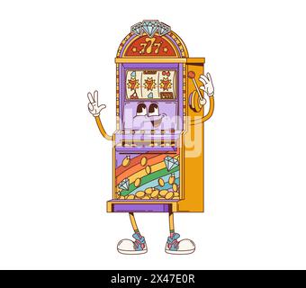 Cartoon grooviger Retro Casino Spielautomat Charakter mit funky Gesicht Lächeln, Vektor Comic. Grooviger lustiger Casino-Spielautomat mit Jackpot 777 Kombination und Goldmünzen gewinnen, Comic-Spielfigur Stock Vektor