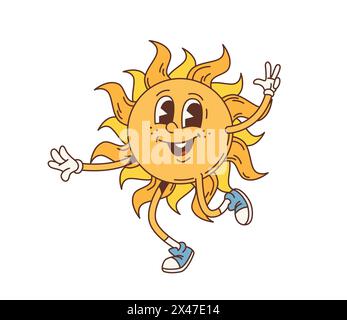 Cartoon-Retro-Sonnenbrille. Psychedelische Hippie-Sommer-Sonnenschein-Vektor-Persönlichkeit läuft mit glücklichem Gesicht und Lächeln. Vintage-Emoticon mit lustiger Sonne mit Wellenstrahlen, funky-Emoji bei Sonnenuntergang oder Sonnenaufgang Stock Vektor