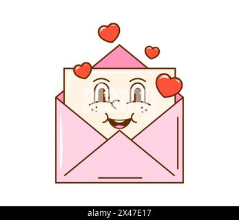 Cartoon grooviger valentinskuvertcharakter mit rosa Herzen. Valentinstag romantischer Brief oder Nachrichtenvektor Personage des niedlichen Papierblatts mit funky Gesicht. Retro-Valentinskarte Emoticon Stock Vektor