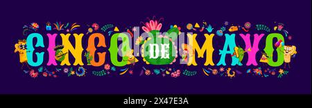 Cinco de Mayo Schriftzug für mexikanische Feiertagsgrußbanner, Vektorhintergrund. Cinco de Mayo-Schriftzug mit Burrito-Charakter in Sombrero, Avocado Mariachi mit Gitarre und Chili-Pfeffer mit Maracas Stock Vektor