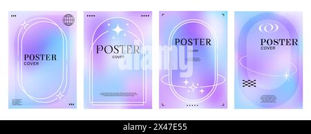 Ästhetische Unschärfe lila Y2K-Poster mit Farbverlauf, moderne Hintergründe für Cover, Vektorvorlagen. Poster mit Farbverläufen in Pastellfarben oder Neonfarben mit unscharfen Farbverläufen in Y2K-Design mit ästhetischem geometrischem Minimaldesign Stock Vektor