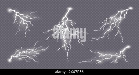 Blitzeffekt. Gewitterfunken, Blitzschlag, Blitzschlag. Set aus realistischen 3D-Reißverschlüssen, Sturm- oder Schockreißverschlüssen, natürlichen, kraftvollen, leichten Ladungen. Abstrakte Elektrizität und Explosionsglühen Stock Vektor