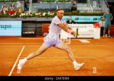 Madrid, Spanien. April 2024 30. Rafael Nadal (ESP) Tennis : Rafael Nadal im Achtelfinale-Einzel-Spiel gegen Jiri Lehecka auf der ATP Tour Masters 1000 'Mutua Madrid Open Tennis Turnier' bei der Caja Magica in Madrid, Spanien. Quelle: Mutsu Kawamori/AFLO/Alamy Live News Stockfoto