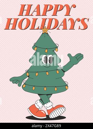 Frohe Weihnachten und Happy New Year Poster. Verspielter und frecher Charakter im trendigen, groovigen Stil. Retro-Zeichentrickelemente und -Form. Stock Vektor