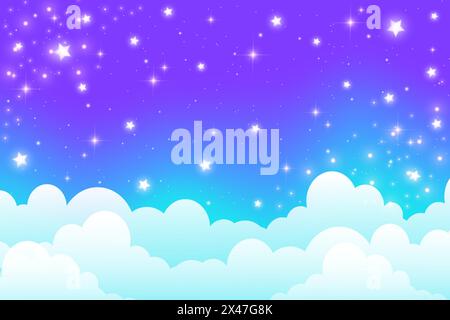 Nächtlicher bewölkter Himmel. Blauer abstrakter Raum mit Sternen und Glitzern. Süße traumhafte Tapete mit magischem Licht. Dunkle abendliche Himmelslandschaft. Vektorverlauf Stock Vektor