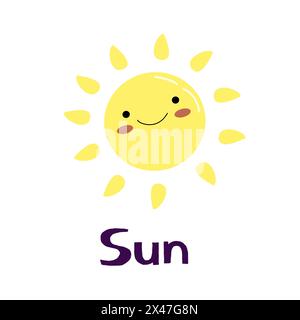 Niedliche Sonne flache Vektor-Illustration. Gelbe kindliche, sonnige Emoticon-ClipArt. Lächelnde Sonne mit Sonnenstrahlen Zeichentrickfigur isoliert auf weißem Hintergrund. Design-Element mit T-Shirt-Print. Stock Vektor