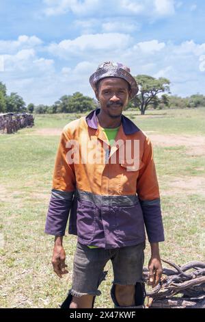 Junger afrikanischer Arbeiter im Dorf, trägt orange Arbeitskleidung und verkauft Brennholz auf einem grünen Feld Stockfoto