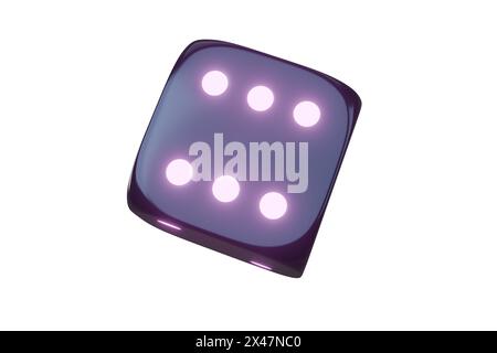 Ein magentafarbener Würfel mit drei elektrischen blauen Punkten auf weißem Hintergrund Stockfoto