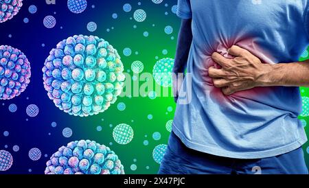 Norovirus-Magenschmerzen als Person mit Bauchschmerzen und Krämpfen infolge einer ansteckenden Grippeinfektion als Magenschmerzen-Viruskrankheit. Stockfoto