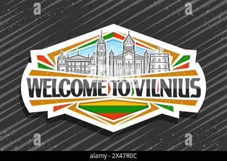 Vektor-Logo für Vilnius, weißes dekoratives Abzeichen mit Umrissillustration der europäischen vilnius Stadtlandschaft auf Tag-Himmel-Hintergrund, Linie Art Design Kühlschrank Stock Vektor