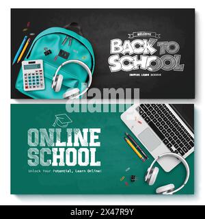 Back-to-School-Vektor-Banner-Set-Design. Online-Schule e Learning virtuelle Bildung und Grußworte für den Schulanfang mit Rucksackelementen für Flugblätter Stock Vektor