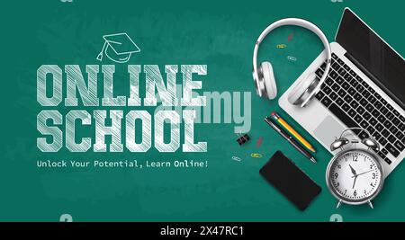 Design von Online-Vektorvorlagen für Schulen. Schultext mit Laptop-Gerät im Hintergrund auf grünem Brett. Vektorabbildung Stock Vektor