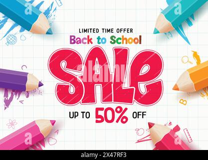 Back to School Sale Vektor Banner Design. Back to School für kurze Zeit bieten Sie Text mit farbigen Bleistiftelementen für den Hintergrund der Einkaufsaktion an Stock Vektor