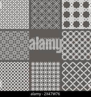 Set aus 8 monochromen geometrischen Mustern. Weiße, graue Gitterstruktur in arabischem, orientalischem Stil. Ein nahtloser Vektorhintergrund Stock Vektor