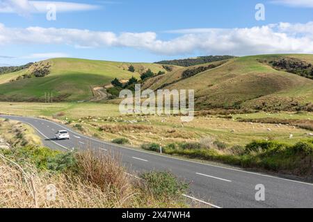 Straße durch die Landschaft in der Nähe von Kaka Point, der Catlins Coast, Otago, Neuseeland Stockfoto