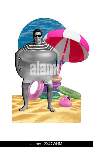 Vertikale Foto-Collage von glücklichem Mann Stand Strand Sand halten lebenseebuoy Sommer Urlaub Ozean Sonnenschirm Relax Trip isoliert auf gemalten Hintergrund Stockfoto