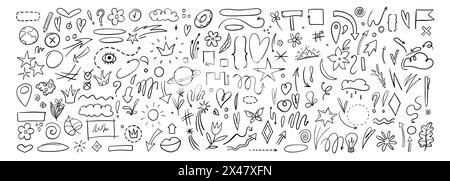Dekorative handgezeichnete Formen. Konturkrone, Doodle Pointer und Herzrahmen. Doodles Linien Elemente, Tusche Linie Pfeil und Blumen Kalligraphie Zeichen Skizze Stock Vektor