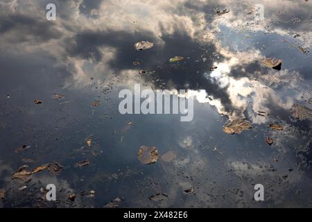 Reflexion Des Blauen Himmels Mit Wolke Auf Dem Teich. Naturhintergrund. Der Sonnenuntergangshimmel spiegelt sich am Abend im Fluss. Stockfoto