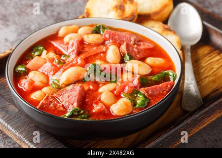 Spanischer Eintopf aus Butterbohnen, Chorizo und Spinat in Tomatensauce in einer Schüssel auf dem Tisch. Horizontal Stockfoto