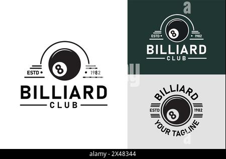 Billard Club Sports Design mit Black Ball Nummer 8. Vintage Retro auf hellem und dunklem Hintergrund Stock Vektor