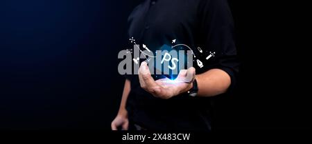 Das Personal im Grafikdesign entwickelt digitale Konzepte, hält Icons und illustriert innovative Programme mit professionellem Fachwissen, kreativem Arbeitsbereich, Stockfoto