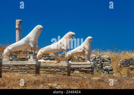 Die (Naxian) Lions Terrace in der archäologischen Stätte der 'Sacred' Insel Delos. Kykladen, Griechenland Stockfoto