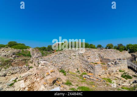 Blick auf die antike Stadt Troja. Hintergrundfoto zu Ruinen von Troy. Besuchen Sie Türkei Concept. Stockfoto