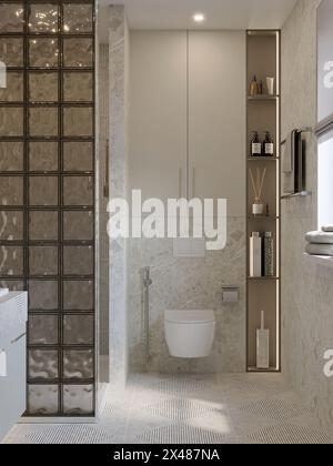 Toilette im Badezimmer in beigefarbenem, hellem Pastellton mit Schrank und verzierten Regalen. Elegantes, modernes, klassisches Design, 3D-Innenraum, realistisch. Glas b Stockfoto