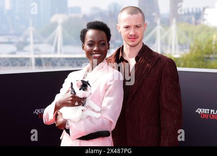 Lupita Nyong'o, Joseph Quinn und Schnitzel, die Katze während eines Fotorufs für Einen ruhigen Ort: Tag eins, im IET-Gebäude im Zentrum von London. Bilddatum: Mittwoch, 1. Mai 2024. Stockfoto