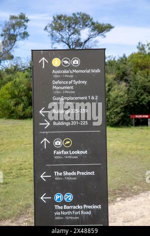 Australian Memorial Walk am North Head Manly, Informationsschild mit Wegbeschreibung zum Denkmal und zu anderen Sehenswürdigkeiten, einschließlich Barracks Revier, Sydney Stockfoto