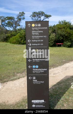 Australian Memorial Walk am North Head Manly, Informationsschild mit Wegbeschreibung zum Denkmal und zu anderen Sehenswürdigkeiten, einschließlich Barracks Revier, Sydney Stockfoto
