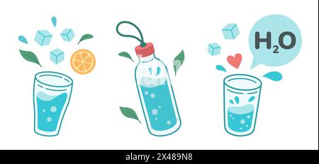 Mehr Wasser trinken Konzept, Trinkwasser im Trinkglas, Glasflasche. Korrigieren Sie die täglichen Gewohnheiten, die morgendlichen Rituale, die Entgiftung. Keine Verschwendung. Handgezeichnete Vektorgrafik. Stock Vektor