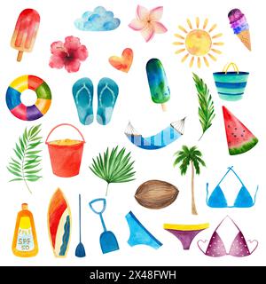 Sommerzeit Set, Aquarelle, Illustrationen, Dekoration, Eis, Blumen, Palme, Kokosnuss, Bikini, Hängematte, Tasche, Hut Stockfoto
