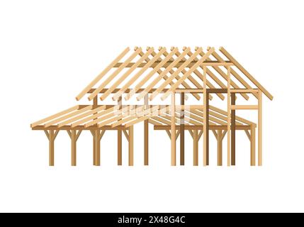 Hölzerne Dach- und Wandrahmen des unfertigen Hauses auf Baustellenvektorillustration Stock Vektor