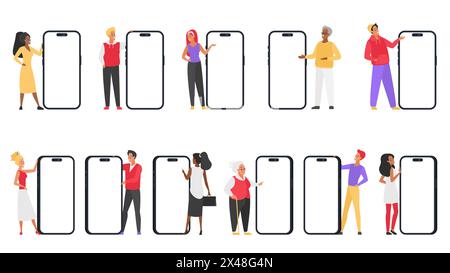 Leute zeigen große Mobiltelefone. Winzige männliche und weibliche Charaktere stehen an riesigen Smartphones mit leerem Bildschirm, glückliche Frauen- und Mannbenutzer, die auf Handy-Cartoon-Vektor-Illustration zeigen Stock Vektor